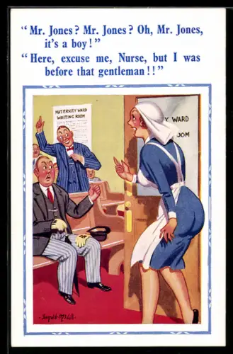 Künstler-AK Donald McGill: Hebamme verkündet das Geschlecht eines Kindes