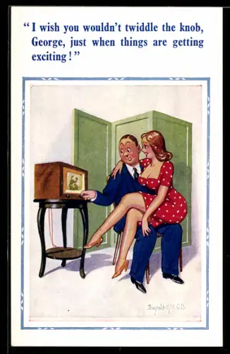 Künstler-AK Donald McGill: Mann im Anzug mit einer hübschen Frau auf dem Schoss