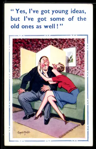 Künstler-AK Donald McGill: Mann und Frau beim Anbandeln auf einer Couch