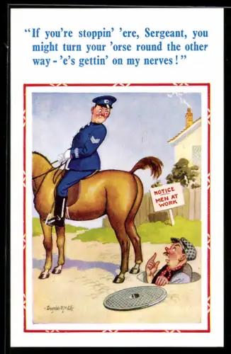 Künstler-AK Donald McGill: Kanalarbeiter bittet Reiter, sich umzudrehen