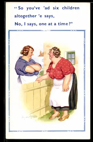 Künstler-AK Donald McGill: Hausfrauen unterhalten sich über einen Zaun