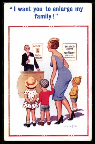 Künstler-AK Donald McGill: Frau mit ihren drei Kindern beim Fotograf