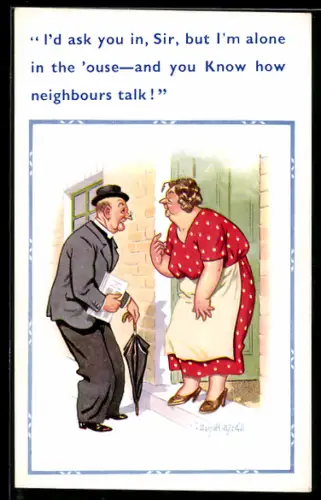Künstler-AK Donald McGill: Hausfrau unterhält sich mit einem älteren Herrn