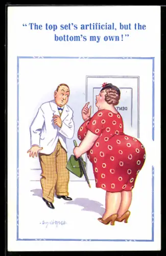 Künstler-AK Donald McGill: Korpulente Frau unterhält sich mit einem Mann
