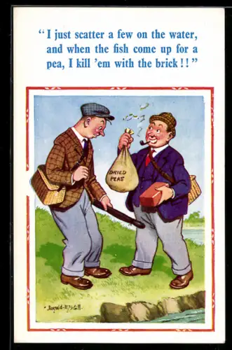 Künstler-AK Donald McGill: Mann mit Pfeife, Backstein und einem Beutel getrockneter Erbsen