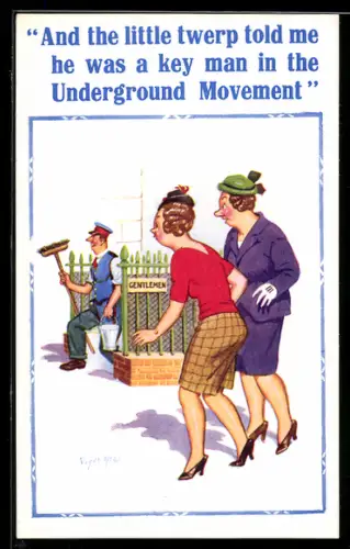 Künstler-AK Donald McGill: Frauen unterhalten sich über einen Arbeiter