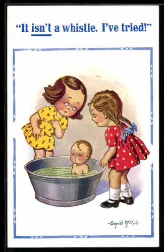 Künstler-AK Donald McGill: Zwei Mädchen stehen an der Badewanne eines Kleinkinds