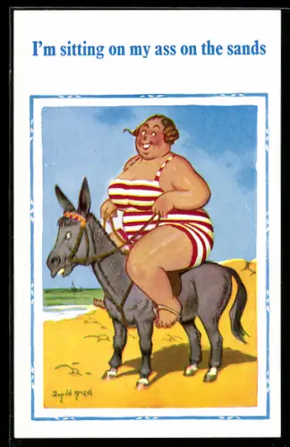 Künstler-AK Donald McGill: Dicke Dame reitet am Strand auf einem Esel