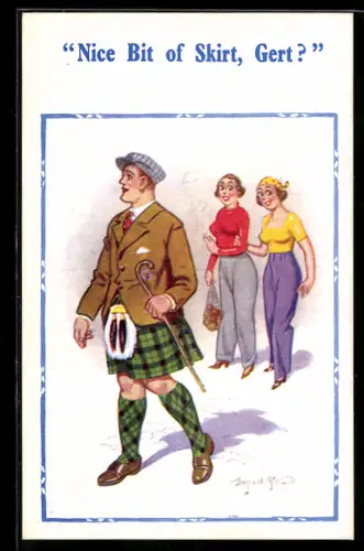 Künstler-AK Donald McGill: Frauen sehen einem Mann im Kilt nach