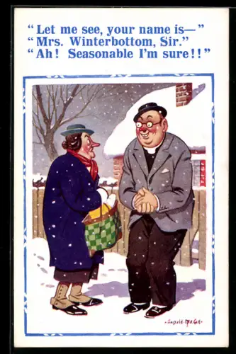 Künstler-AK Donald McGill: Mann und Frau unterhalten sich im Winter