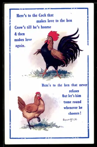 Künstler-AK Donald McGill: Gegenüberstellung von Hahn und Henne