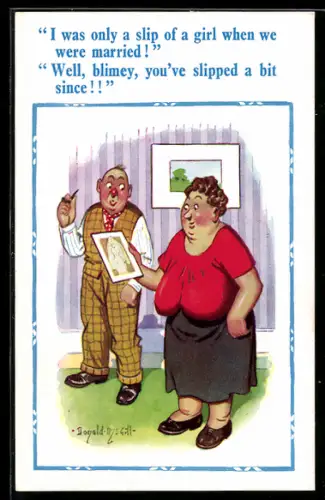 Künstler-AK Donald McGill: Frau betrachtet ein Bild von sich aus ihrer Jugend