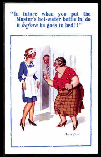 Künstler-AK Donald McGill: Frau ist wütend auf ein attraktives Dienstmädchen