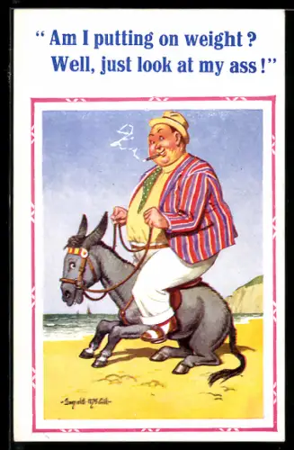 Künstler-AK Donald McGill: Korpulenter Mann sitzt auf einem Esel