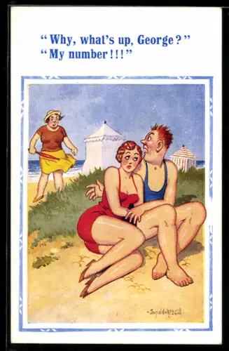 Künstler-AK Donald McGill: Mann wird mit einer attraktiven Frau im Arm von seiner Ehefrau erwischt