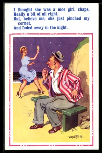 Künstler-AK Donald McGill: Mann mit Hut sieht einer hübschen Frau am Strand hinterher