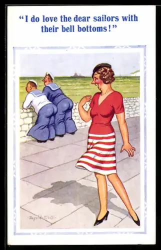 Künstler-AK Donald McGill: Frau sieht sich die Hinterteile von Matrosen an