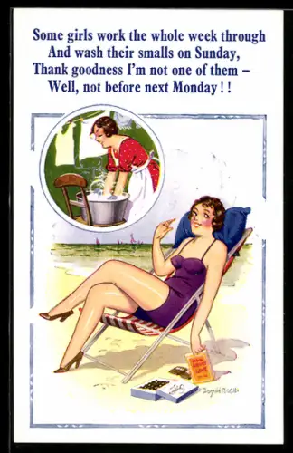 Künstler-AK Donald McGill: Frau im Liegestuhl und einem Stapel Büchern