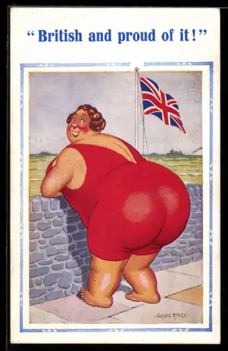 Künstler-AK Donald McGill: Korpulente Frau im Badeanzug