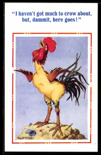 Künstler-AK Donald McGill: Hahn steht auf einem kleinen Hügel