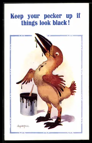 Künstler-AK Donald McGill: Vogel mit schwarz angemaltem Schnabel