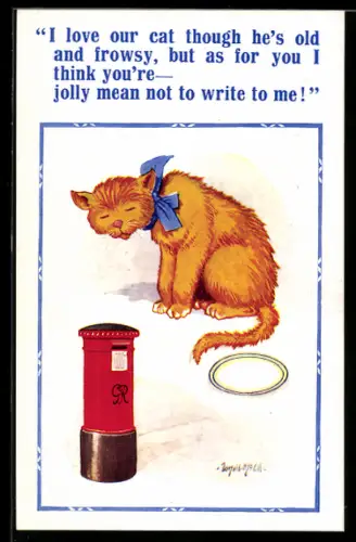 Künstler-AK Donald McGill: I love our cat though he`s old and frowsy, ...