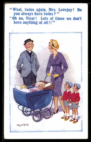Künstler-AK Donald McGill: Mutter mit zwei Paaren von Zwillingen