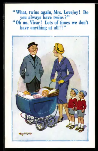 Künstler-AK Donald McGill: Mutter mit zwei Paaren von Zwillingen