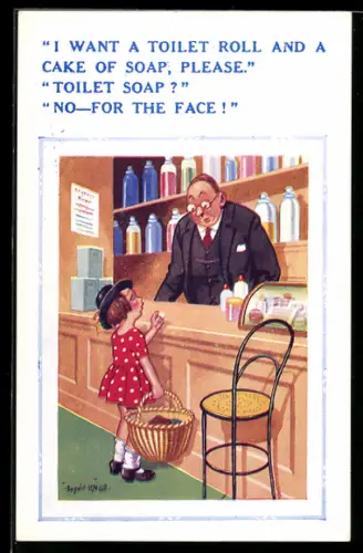 Künstler-AK Donald McGill: Junges Mädchen beim Einkauf in der Drogerie