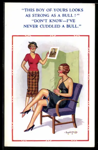 Künstler-AK Donald McGill: Attraktive Frau mit sichtbaren Strumpfbändern und Zigarette auf einem Stuhl