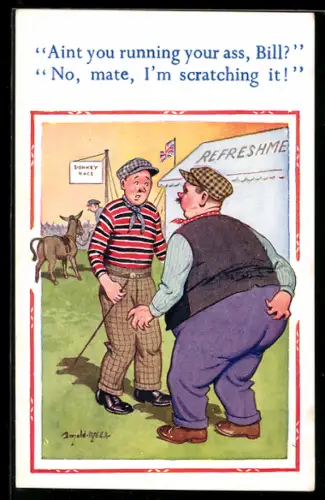 Künstler-AK Donald McGill: Korpulenter Mann kratzt sich am Hintern