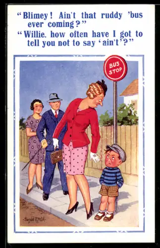 Künstler-AK Donald McGill: Mutter diszipliniert ihren Sohn