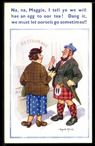 Künstler-AK Donald McGill: Mann im Kilt steht mit seiner Frau vor einem Restaurant