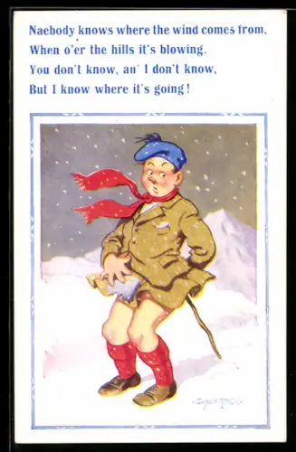 Künstler-AK Donald McGill: Mann mit Kilt bei frischem winterlichen Wind