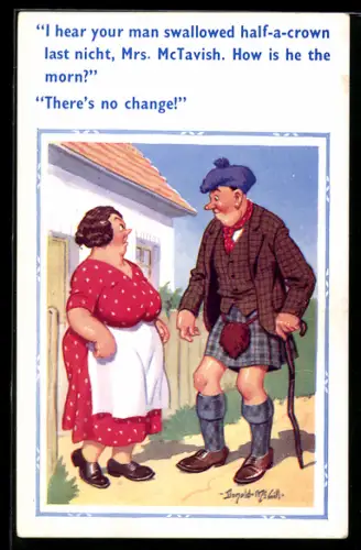 Künstler-AK Donald McGill: Mann mit Kilt unterhält sich mit einer Frau