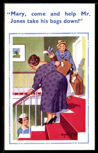 Künstler-AK Donald McGill: Mann mit Golfausrüstung und zwei Frauen an einer Treppe