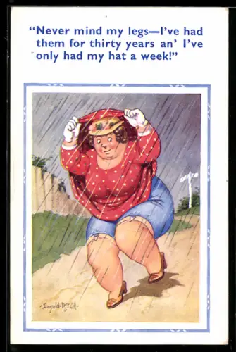 Künstler-AK Donald McGill: Frau nutzt ihr Kleid als Ersatzregenschirm und zeigt dabei ihre Unterkleider