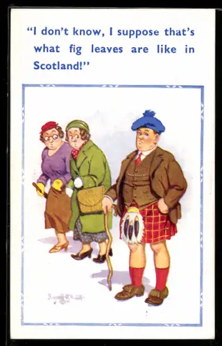 Künstler-AK Donald McGill: Frauen beobachten einen Mann im Kilt mit skeptischem Blick