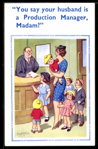 Künstler-AK Donald McGill: Mutter mit vielen Kindern an einem Schalter