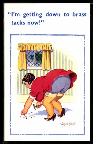 Künstler-AK Donald McGill: Frau entblösst beim Bücken ihr Unterkleid