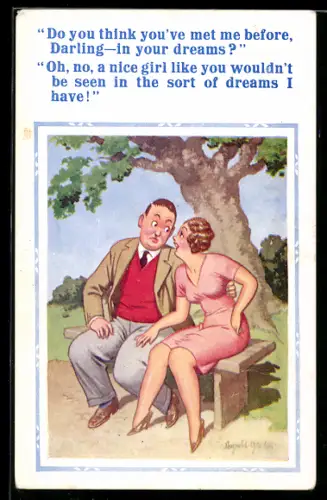 Künstler-AK Donald McGill: Mann und Frau sitzen auf einer Parkbank