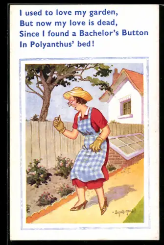 Künstler-AK Donald McGill: Frau erschreckt sich über Fund im Blumenbeet