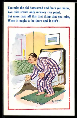 Künstler-AK Donald McGill: Mann im Schlafanzug sucht etwas unter seinem Bettlaken