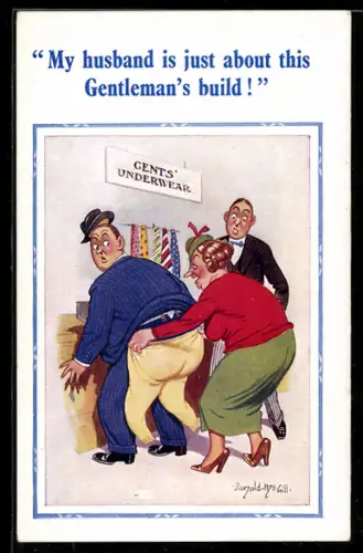 Künstler-AK Donald McGill: Frau probiert ihrem Mann eine Unterhose an