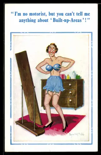 Künstler-AK Donald McGill: Frau in Unterwäsche betrachtet sich vor einem Spiegel