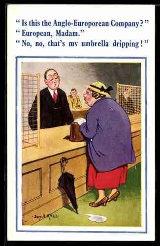 Künstler-AK Donald McGill: Regennasse Frau steht an einem Schalter