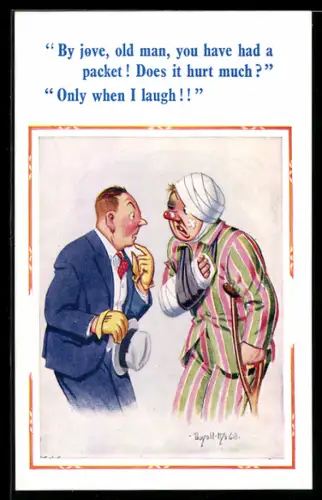 Künstler-AK Donald McGill: Schwerverletzter Mann mit Krücke unterhält sich mit einem anderen Mann