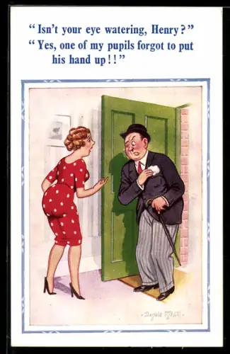 Künstler-AK Donald McGill: Mann mit tränendem Auge vor einer Frau im gepunkteten Kleid