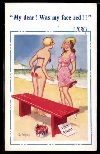 Künstler-AK Donald McGill: Frau mit Farbflecken von einer frisch gestrichenen Bank auf dem Hintern
