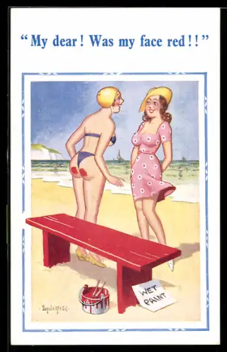 Künstler-AK Donald McGill: Frau mit Farbflecken von einer frisch gestrichenen Bank auf dem Hintern